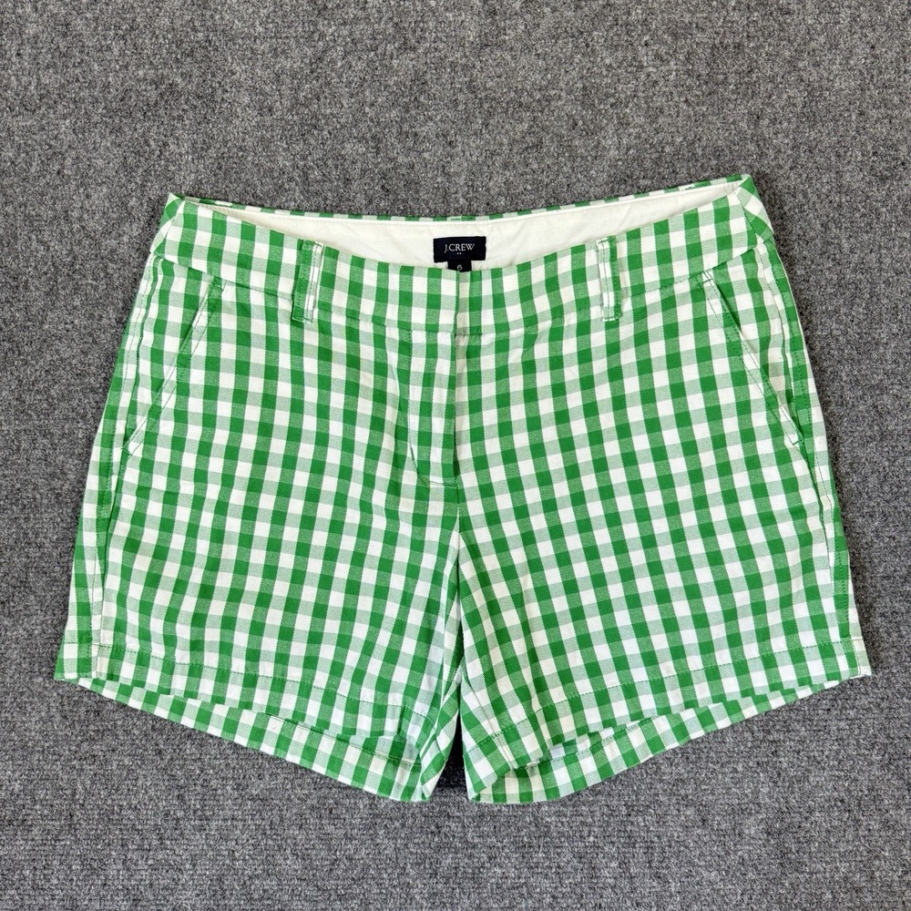J Crew Chino Cotton Shorts Womens Size 6 Green White Gingham Pockets Casual Chic